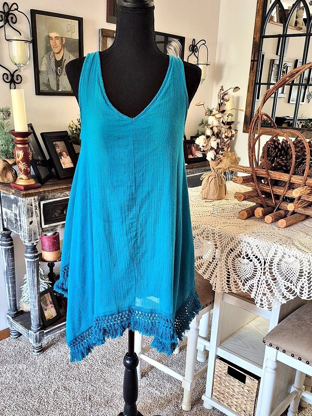 Umgee - V-Neck Fringe Mini Dress/Tunic